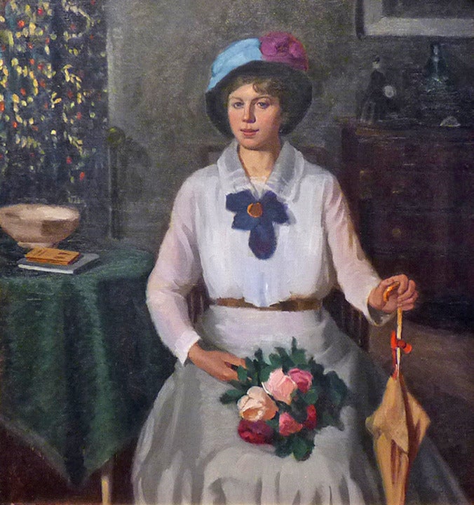 A Lady, seated, holding a Boquet of Roses - Painting by Heinrich Mittag