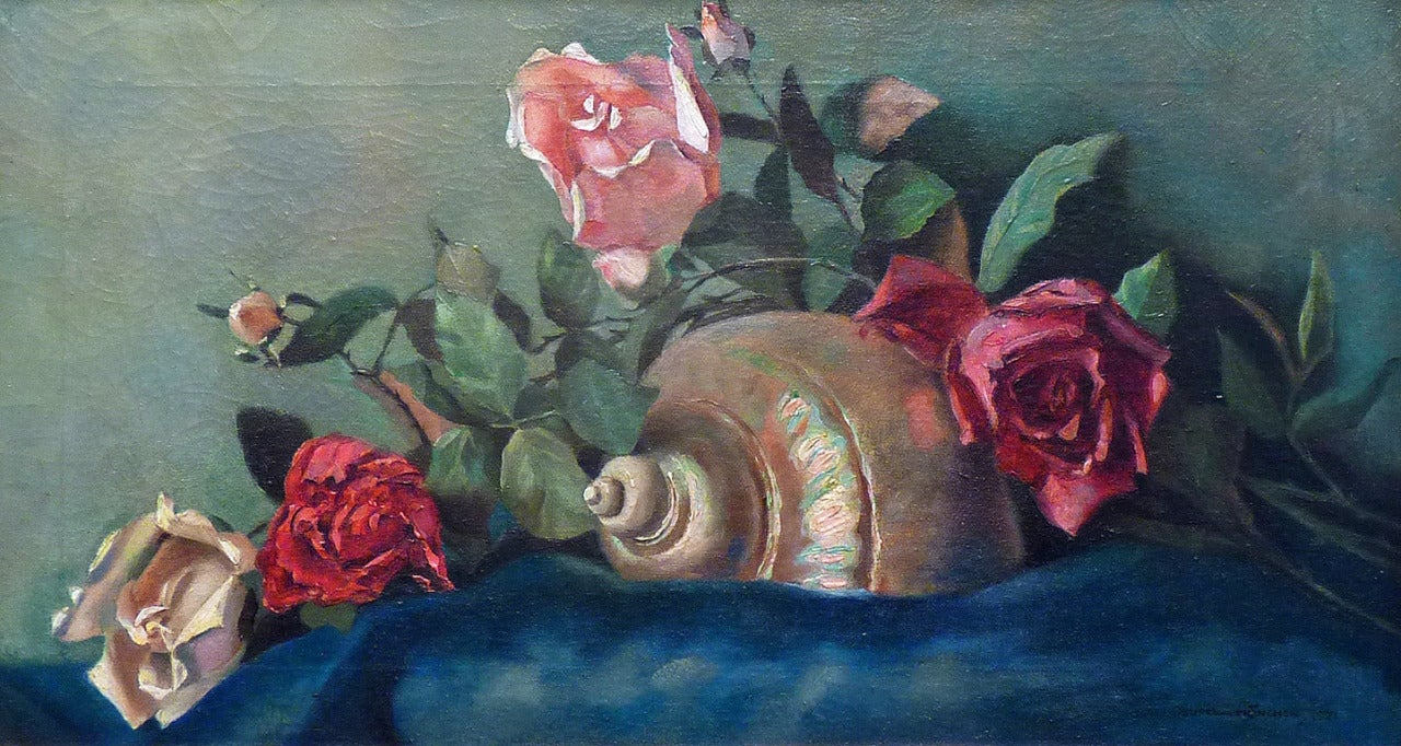 Hans Hassenteufel Still-Life Painting - Roses combined with a South Sea shell. Munich academy oil painting.