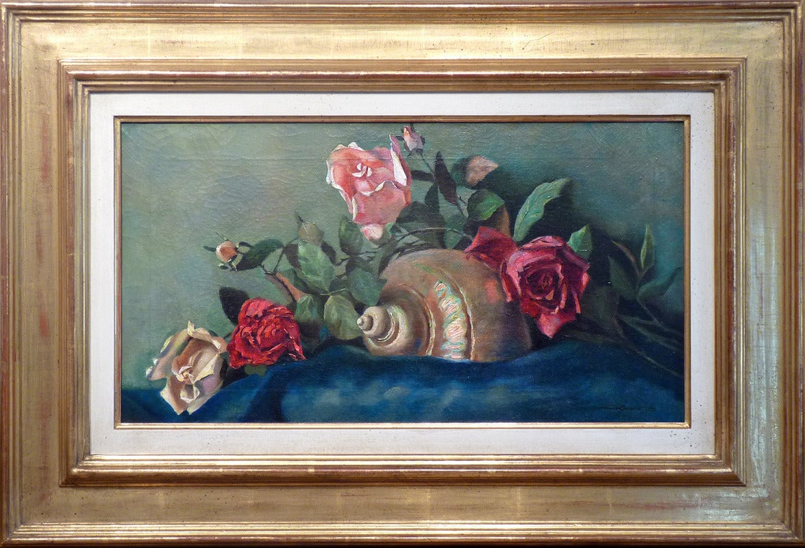 Roses combined with a South Sea shell. Munich academy oil painting. - Painting by Hans Hassenteufel