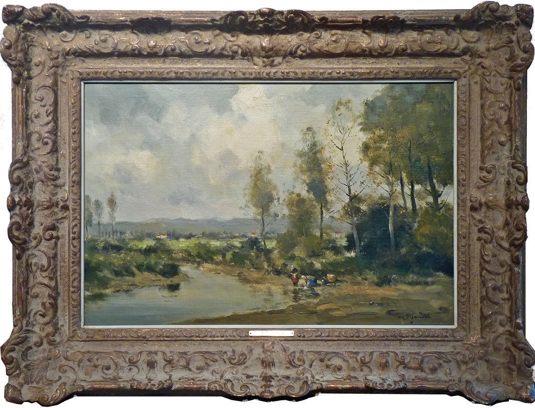River landscape with washerwoman. Dutch oil painting of the Haarlem art school - Painting by Willem George Frederik Jansen