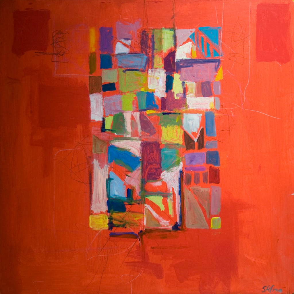 Abstract Painting di Frank Shifreen - Composizione astratta a griglia su rosso