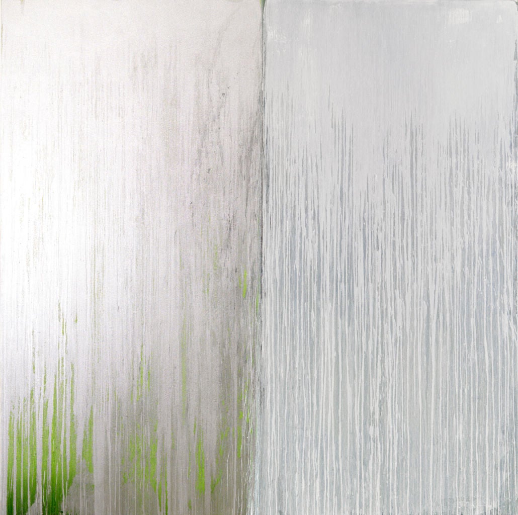 Pat Steir Abstract Painting - Winter Group 9: Green, Silver Payne's Grey and White