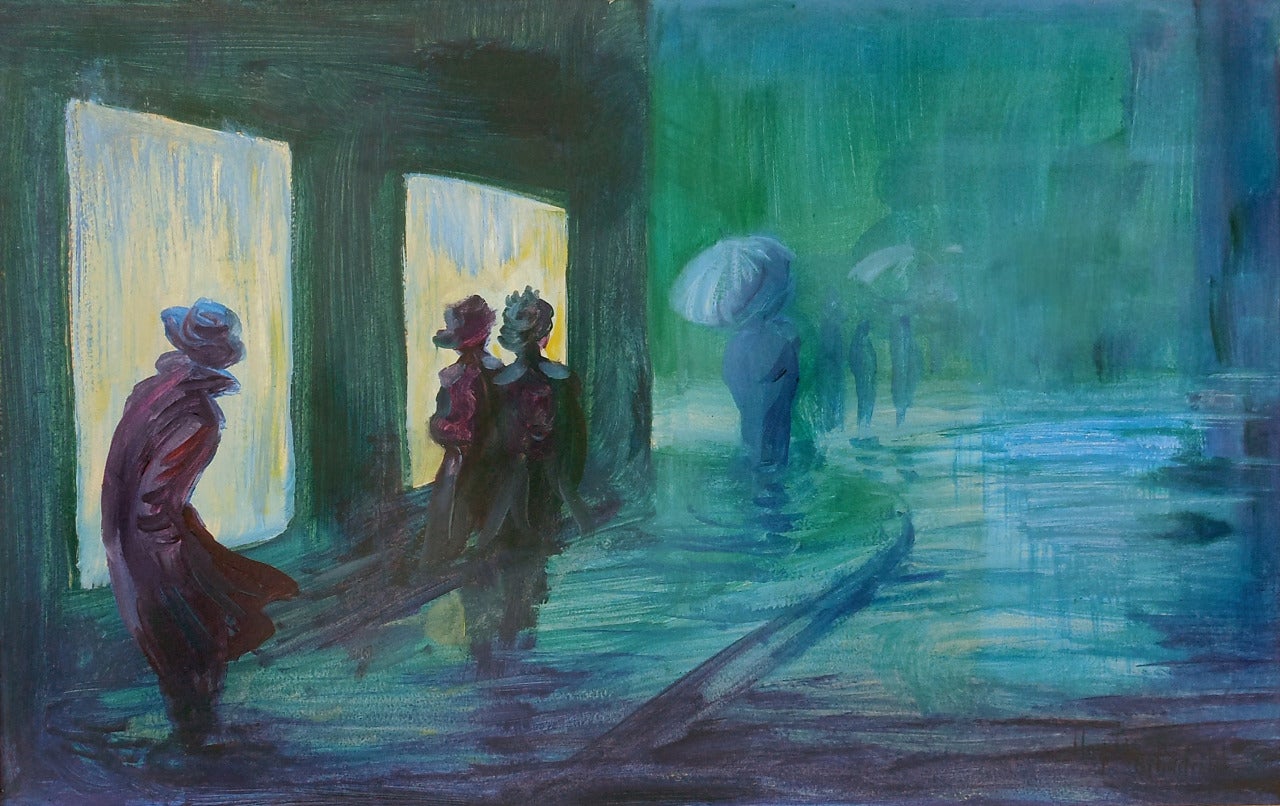 Lloyd Herfendahl Landscape Painting - Rainy Night, St. Paul