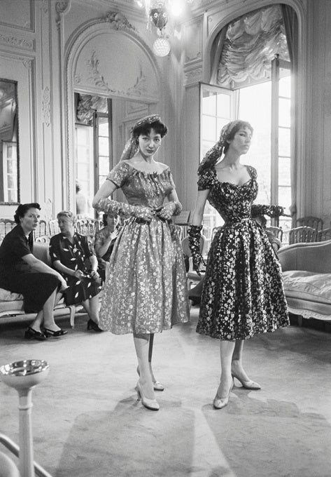 Mark Shaw Black and White Photograph - Dior, Two Metallic Dresses, Buyers, 1953