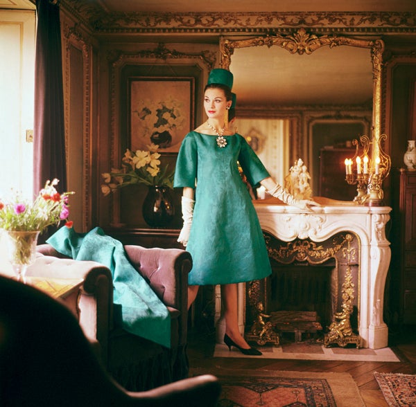 Mark Shaw Figurative Photograph - Teal Dior Gown in Gold Room