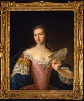 Portrait of a Lady, said to be Sabine, Comtesse de Bassevitz, seated half length, wearing a pink dress with lace trim, holding a