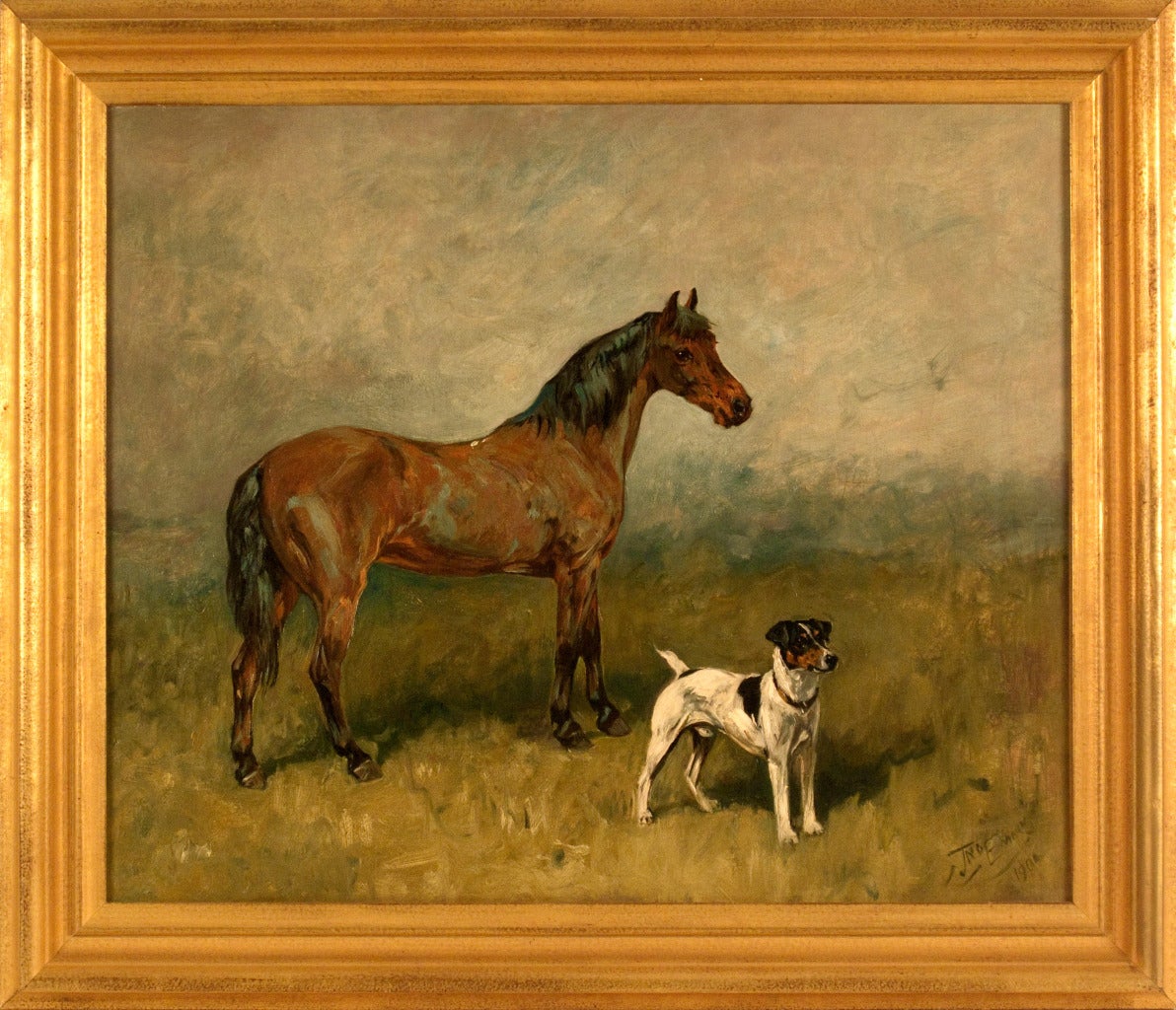Pony and Jack Russell Terrier, 1901 - Painting by John Emms