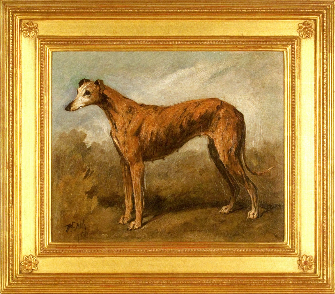 John Emms Animal Painting - A Brindle Greyhound in a Landscape, 1890