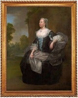 Portrait of Augusta Princess of Wales, mother of George III, Seated, full length, in the grounds of Kew Palace