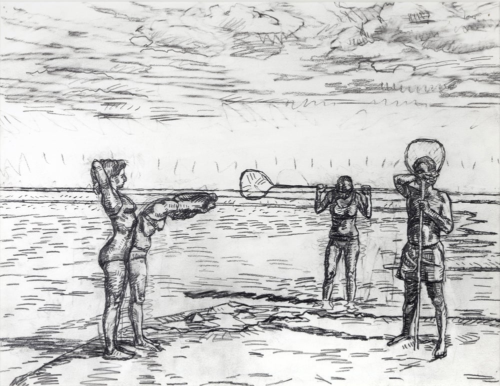 Graham Nickson Figurative Art - Four Bathers by Georgica Pond Sandbar