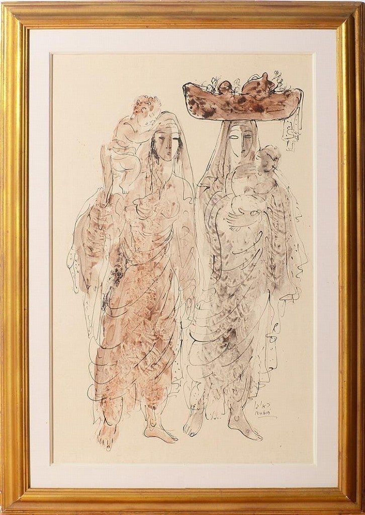 REUVEN RUBIN
1893 - 1974
MARKET DAY (Two women holding babies and a basket)
signed Rubin and in Hebrew (lower right)
ink, watercolor and gouache on paper
28 by 17 3/4 in.
71.1 by 45 cm.  
Carmela Rubin has confirmed the authenticity of this