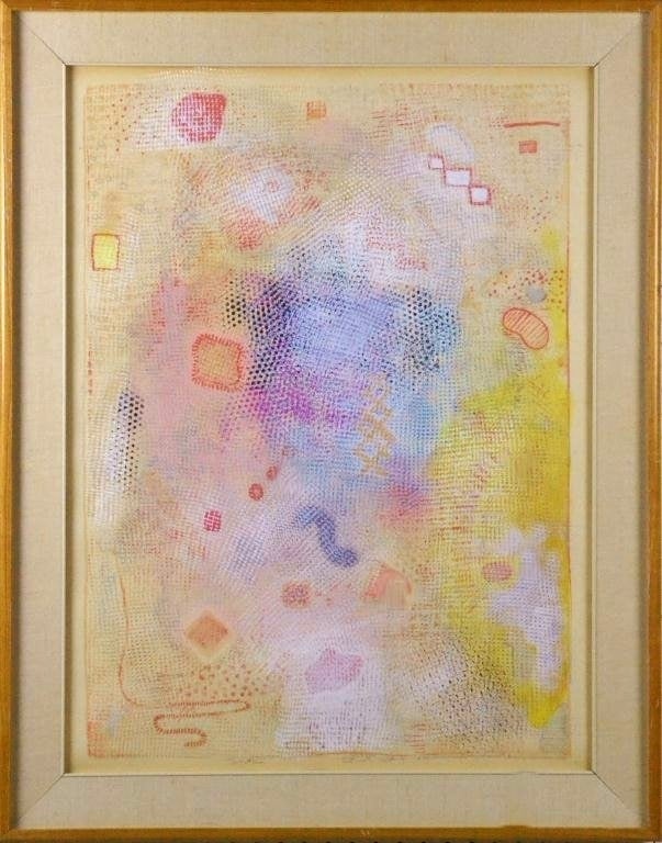"Intimate Lighting" depicting an abstract image of various textures, lines, and shapes, signed in pencil Natkin 1973 Intimate Lighting 1973, Robert Natkin (1930-2010) was a New York artist known for his abstract expressionist paintings.
Born in 1930