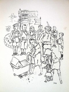 1936 Lithographie „Spielende Kinder beim Soldaten“, limitierte Auflage