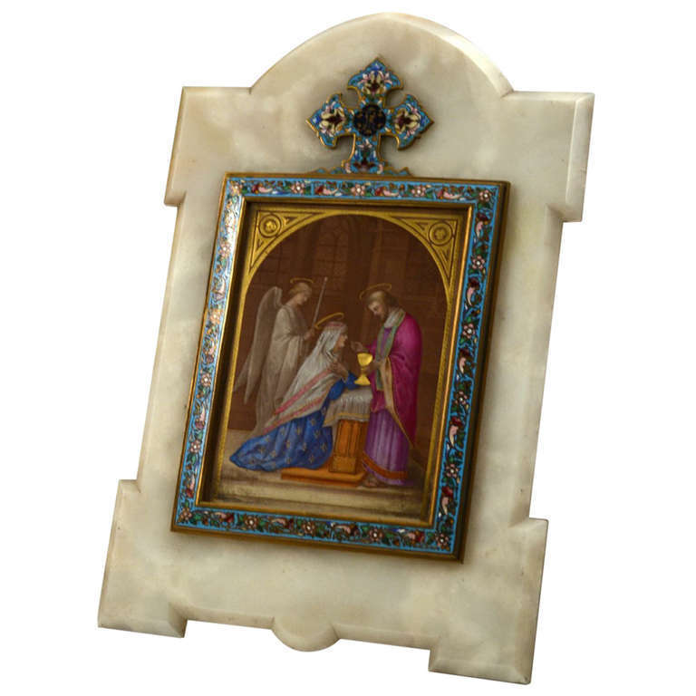 Unknown Figurative Painting - Enamelled and Champlevé Painting of Virgin Mary and Angel in Onyx Frame