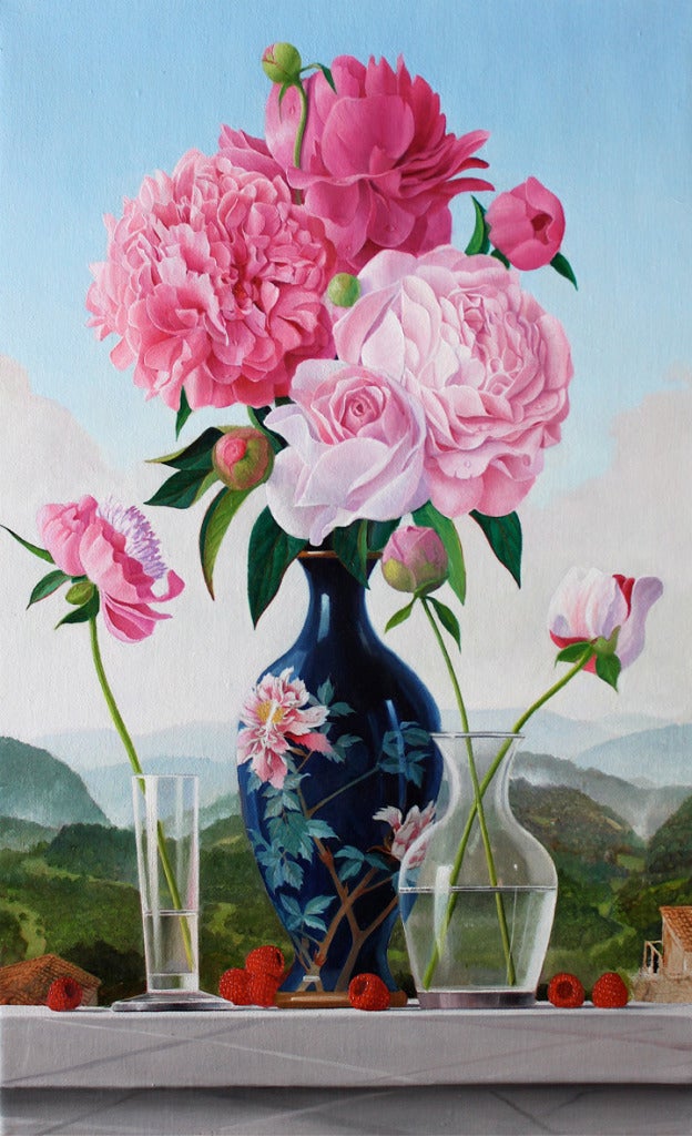 James Aponovich Still-Life Painting – Pfingstrosen in einer japanischen Vase