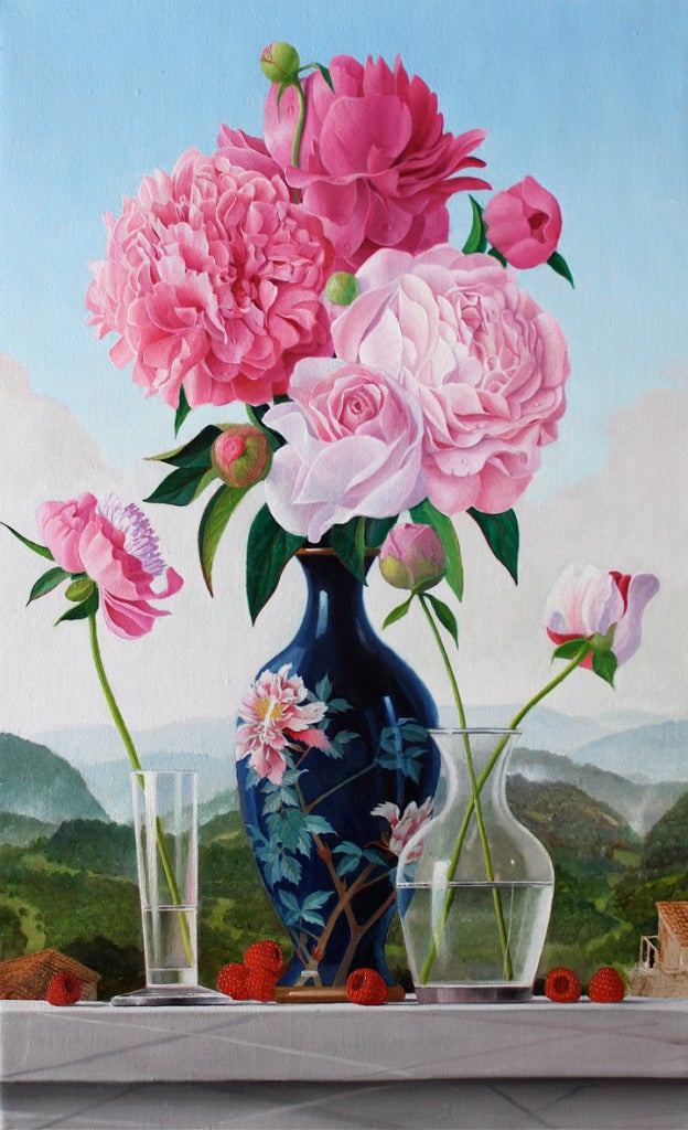 James Aponovich Still-Life Painting - Peonies in a Japanese Vase