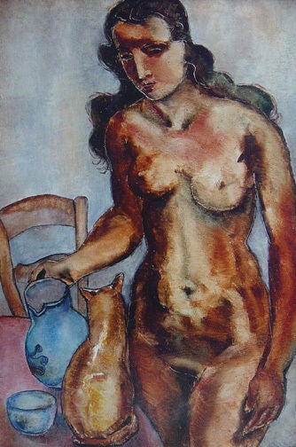Femme au chat - Painting by Jean Vervisch