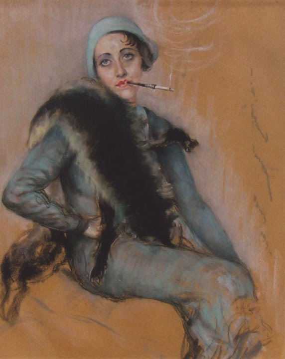 Femme au Cigarette - Painting by Jean Albert Grand-Carteret
