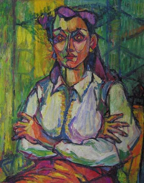 Elijah Silverman Portrait Painting - Seated Woman with Purple Hair