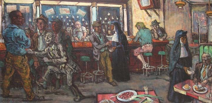 Philip Reisman Figurative Painting - collection At Harry's Bar
