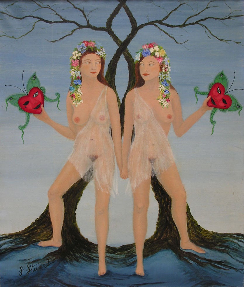 Two Nudes with Masks - Painting by Gloria Stuart