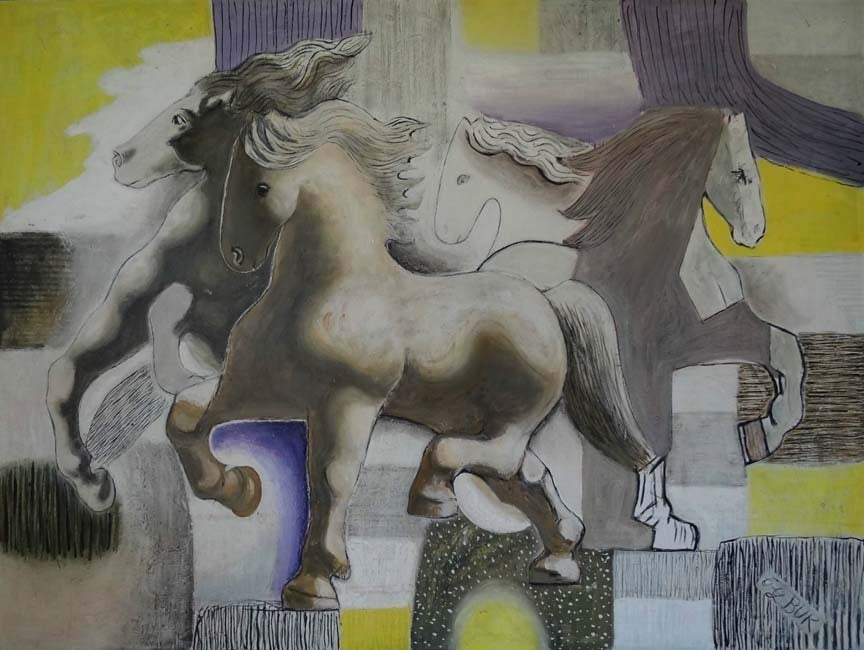 Eduard Buk Ulreich Figurative Painting - Horses, Yellow and Lavender