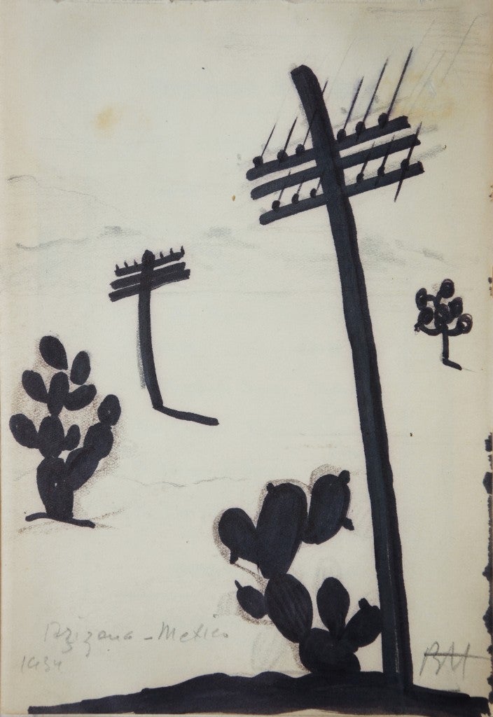 Boris Lovet-Lorski Landscape Art - Telephone Poles and Cactuses.