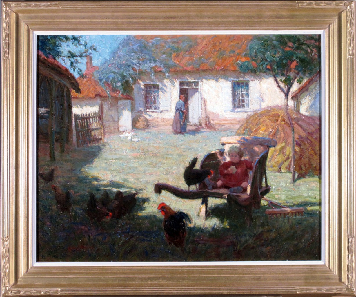 Farmyard scene with chickens and child. Signed Oil on Canvas by Annie L Simpson - Painting by Annie L. Simpson