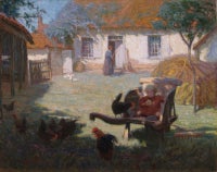 Scène de ferme avec poulets et enfant. Huile sur toile signée d'Annie L Simpson