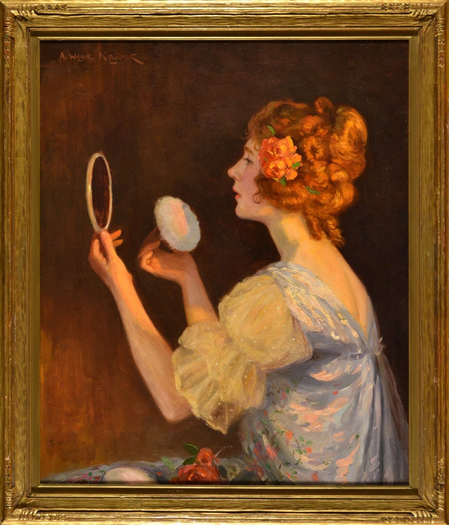 'Reflections' Portrait of a lady putting on make up in the mirror, signed. 19thC - Painting by Andrew Wilkie Kilgour