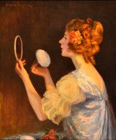 'Reflections' Portrait of a lady putting on make up in the mirror, signed. 19thC
