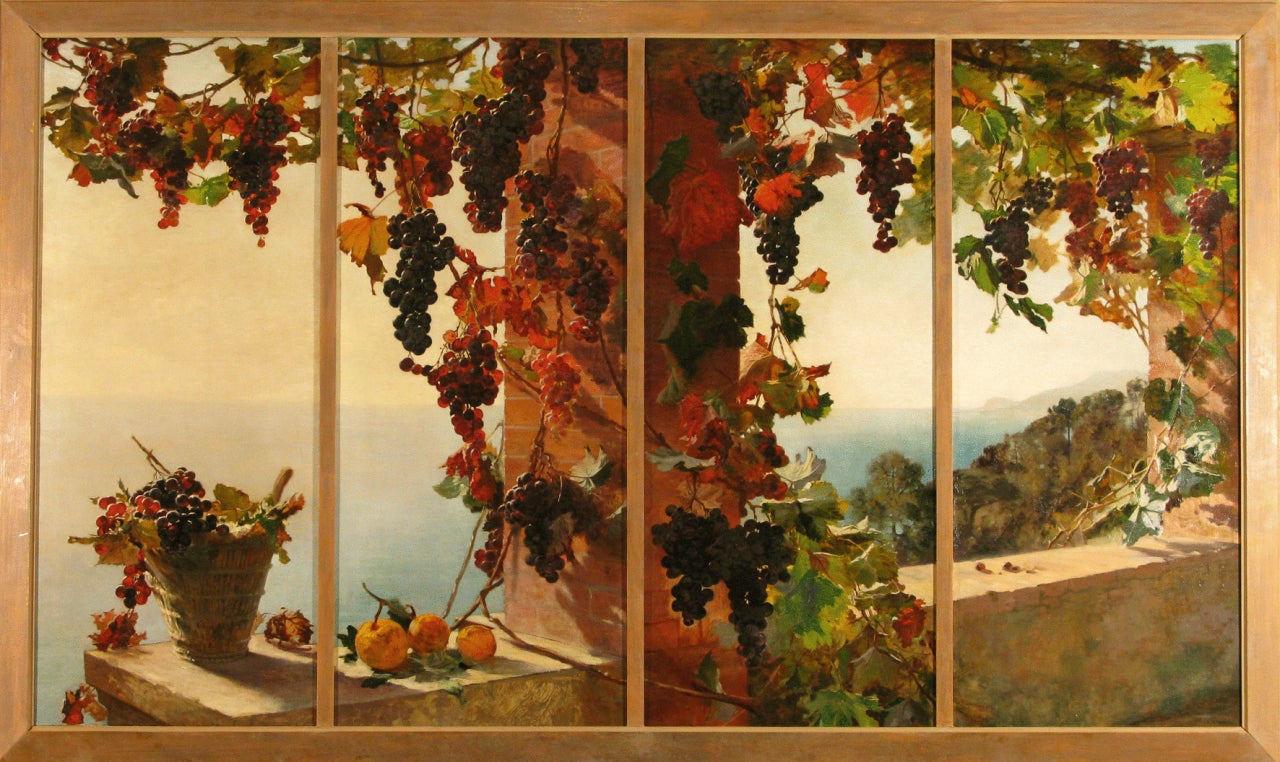 Ruth Mercier painted 'The Grape Vine' across 4 panels using oil on panels during the 19th Century. 

'The Grape Vine' was exhibited between 1882 – 1915
Oils on canvas 4 panels each 47 ½ x 19 ¾ inches
Framed size 86 x 52 inches

Ruth Mercier was a