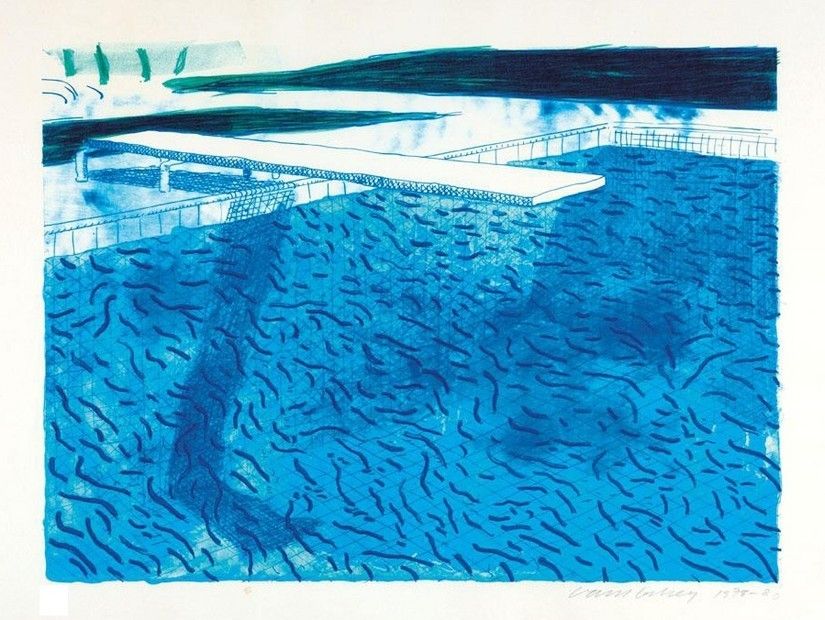 David Hockney Landscape Print - Lithograph of Water Made of Thick and Thin Lines and a Light Blue and Dark Blue Wash