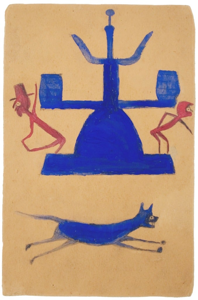 At The Armory Show - Untitled, (Blue and Red Construction with Running Dog and Figures) - Painting by Bill Traylor