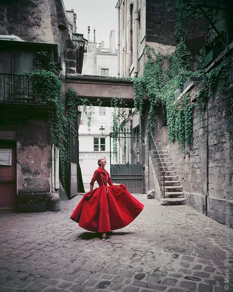Mark Shaw Color Photograph - Courtyard Chanel Red Velvet Dinner Dress, Paris, 1955