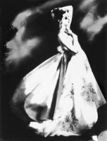 Silk Organdie, Embroidered and Printed: Barbara Mullen in a gown by Irene, New York. Harper\'s Bazaar, 1956