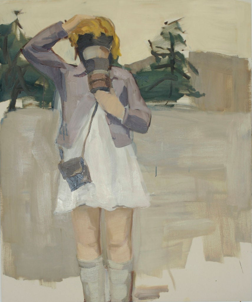 Gideon Rubin Figurative Painting - Girl Wearing a Gas Mask