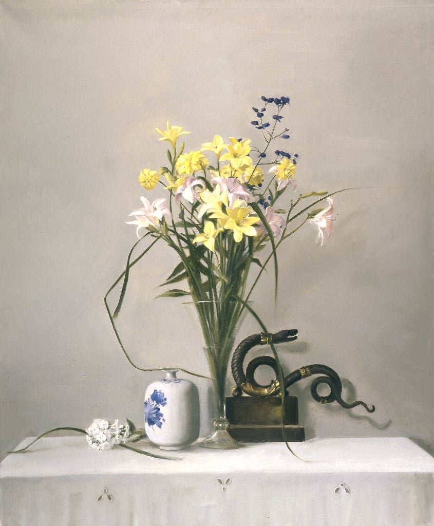 Raymond Han Still-Life Painting - Day Lilies, Aconite and Serpent