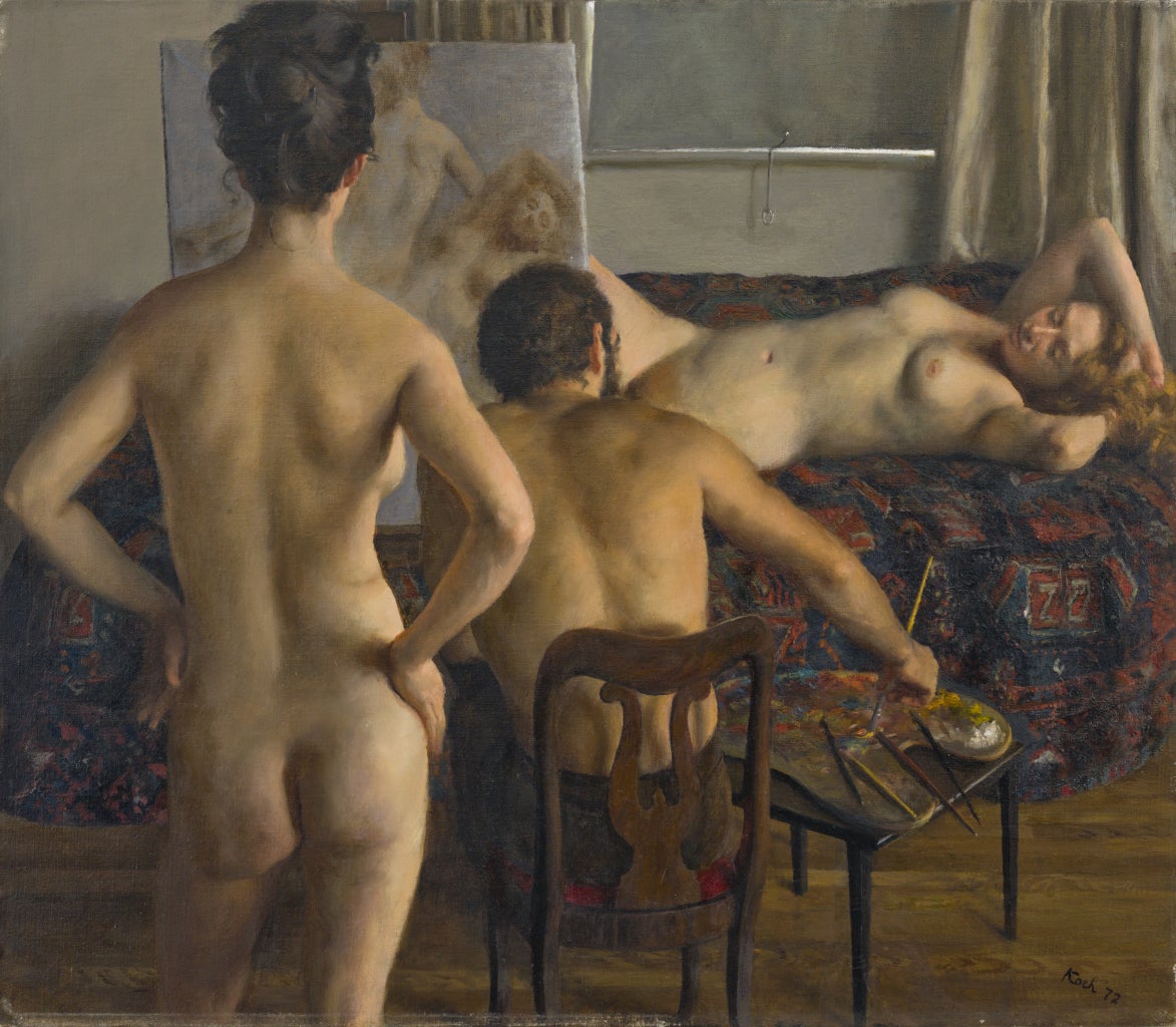 John Koch Interior Painting - Two Models and the Artist