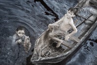Myanmar. Mergui Archipelago. Ma Kyone Galet. Moken Boys. Fishing. 2008