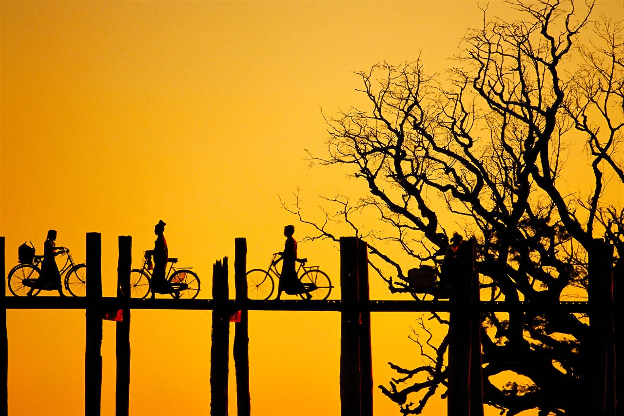 Myanmar. Amarapura. U Bein Bridge. Sunset. 1999 - Photograph by Nevada Wier