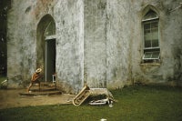 Girl late for church, Rarotonga, Cook Islands, South Pacific