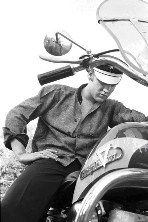 Alfred Wertheimer Portrait Photograph - "Elvis On His Harley, " Backyard at his home 1034 Audubon Drive, Memphis
