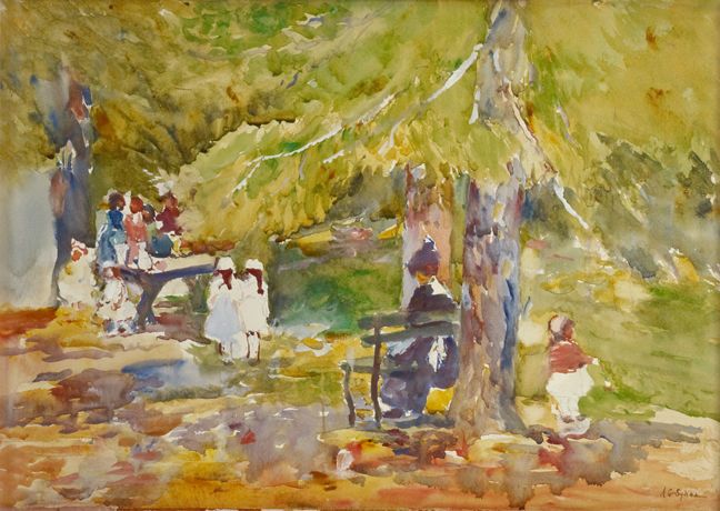 Annie Gooding Sykes Landscape Painting - Children Under a Pine Tree