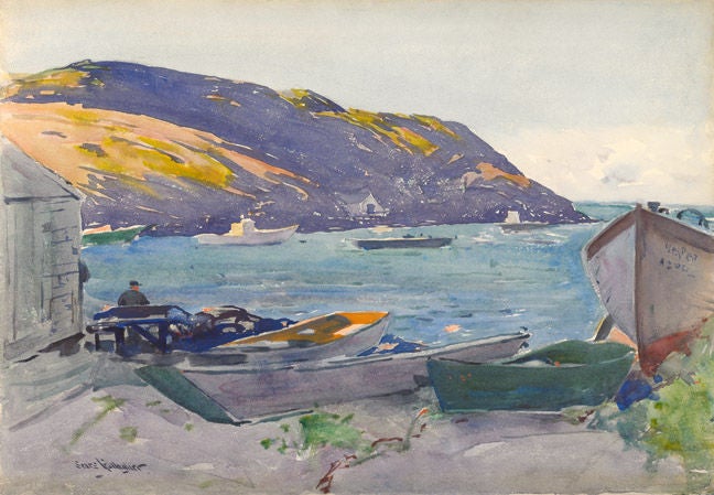 Sears Gallagher Landscape Art - Boats at Shore, Fish Beach, Monhegan