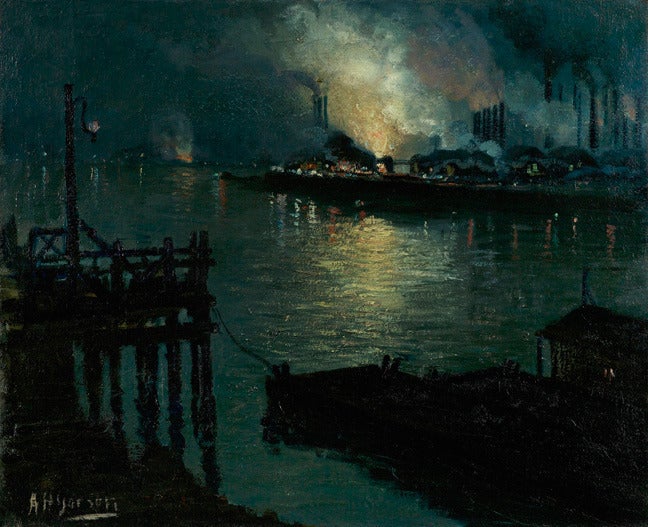 Aaron Henry Gorson Landscape Painting - Mills at Night on the Monongahela, Pittsburgh