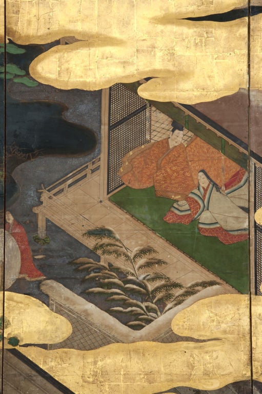 This important screen displays an elaborate selection of scenes from the eleventh-century novel The Tales of Genji. The finely detailed figures interspersed throughout the composition illustrate scenes from different chapters of Genji, but are