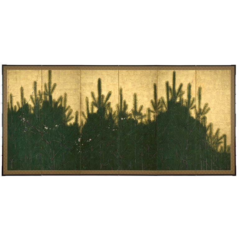 This imposing wall of young pines confronts the viewer, as if he or she were standing within a forest or garden. The wall of green appears unbroken, until one looks more carefully and notices the delicate branches of plum blossoms interweaving
