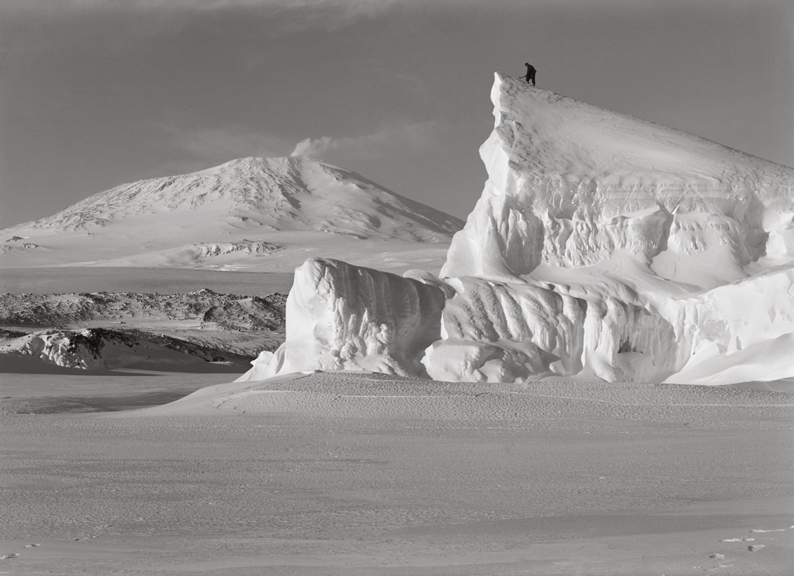 The Matterhorn Berg Profile with Erebus, 8 October 1911 - Herbert George Ponting
Stamped with Scott Polar Research Institute blind stamp and numbered on reverse
Platinum print

Available in two sizes: 
14 x 20 inches, edition of 30 
22 x 30 inches,