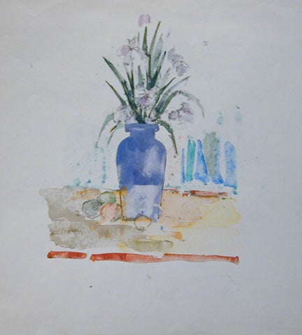 John Edward Heliker Abstract Drawing - Blue Vase, Flowers and Fruit